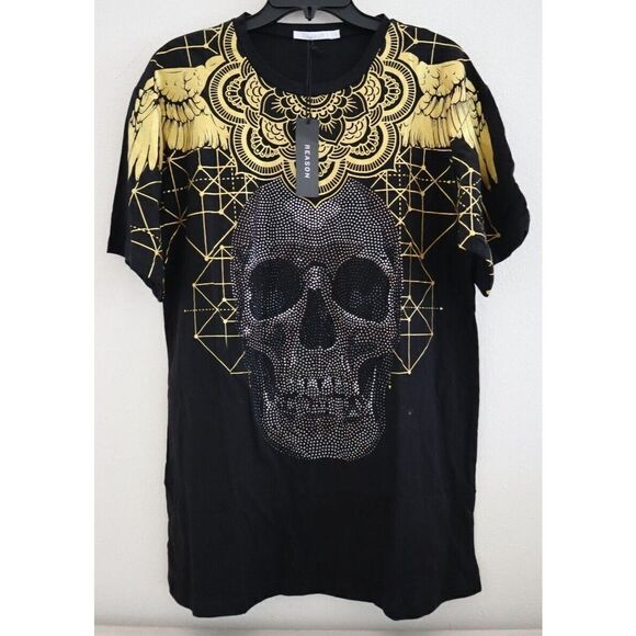 Reason Men's Sz L Black/Gold Studded Skull Short Sleeve T Shirt - Picture 1 of 7